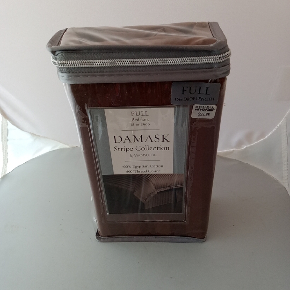 NIP Wamsutta Full Damask Bed Skirt Brown Stripe Collection 100% Egyptian cotton